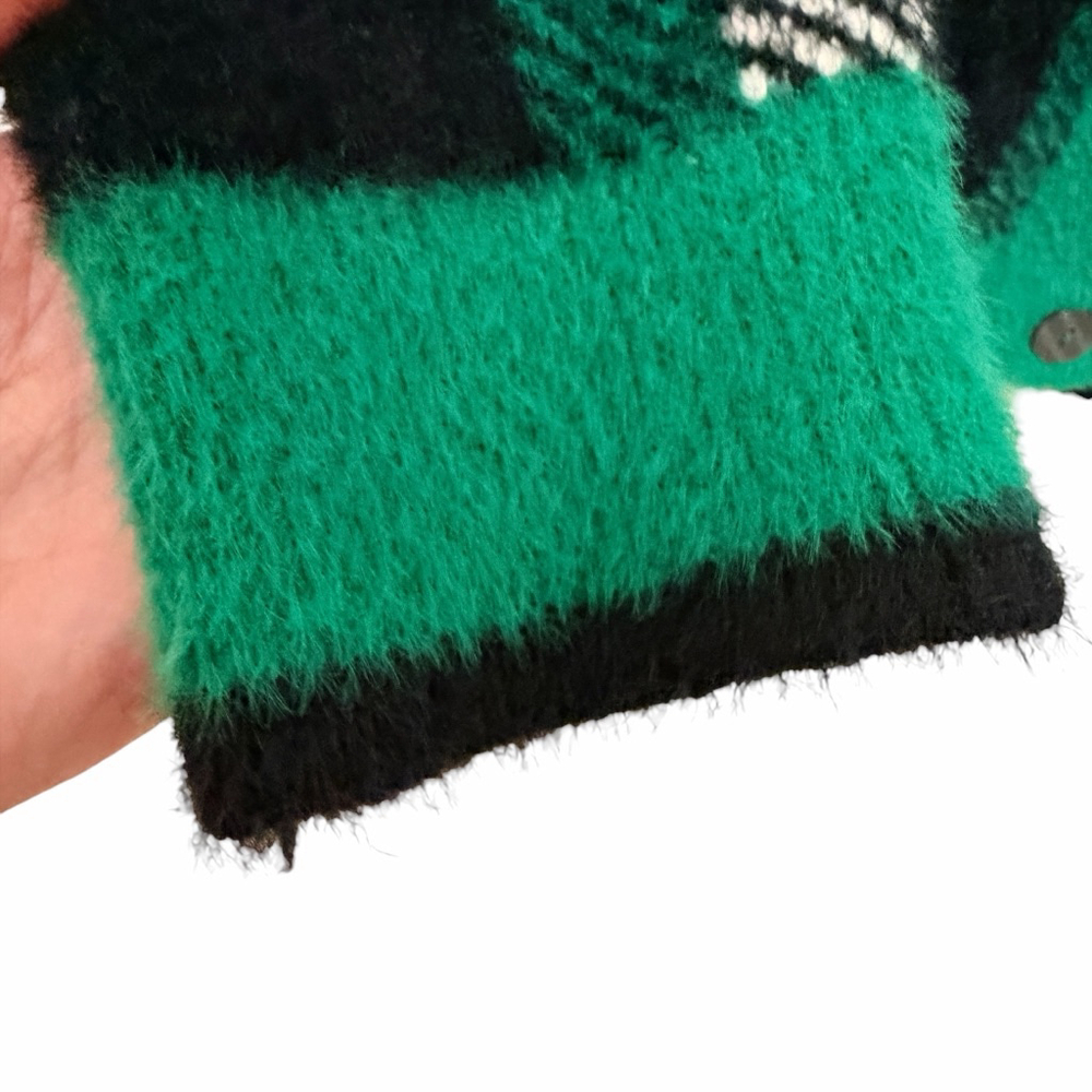 Green Plaid Fuzzy Cardigan Women L Soft Eyelash Knit Cropped Cozy Button Front - Picture 6 of 12